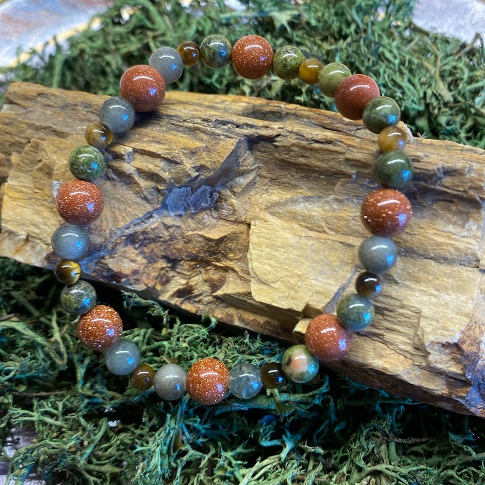 M35 Goldstone Orange Sandstone Green Jasper Tiger Eye Gem Bead Bracelet Rock
